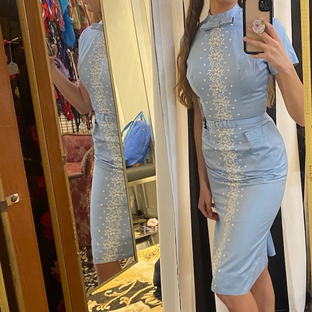 Vintage 1950’s Blue Dress with White Embroidery